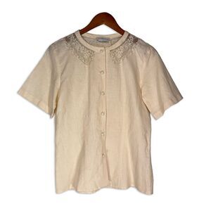 Vintage Westminster Lace Linen Cotton Blouse Size 8 Ivory Lace Detail USA Made